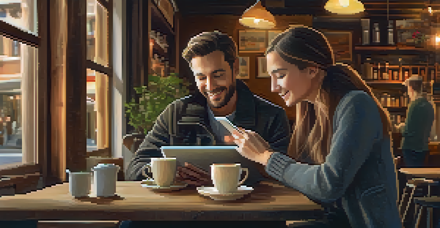 A couple in a cafe using a tablet to explore offline maps, enjoying each other's company.