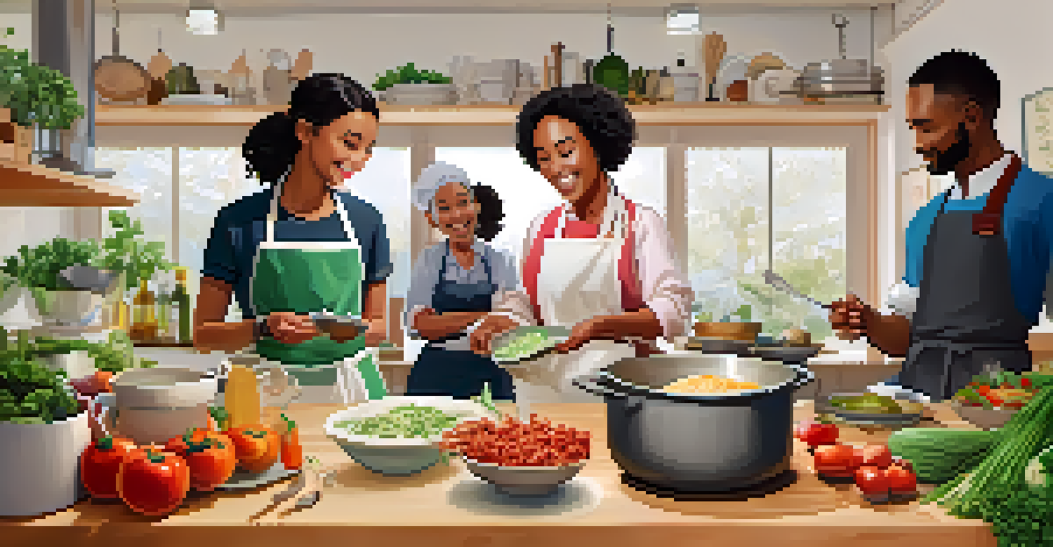 A cozy kitchen cooking class with a chef demonstrating a dish, surrounded by eager participants and vibrant ingredients.