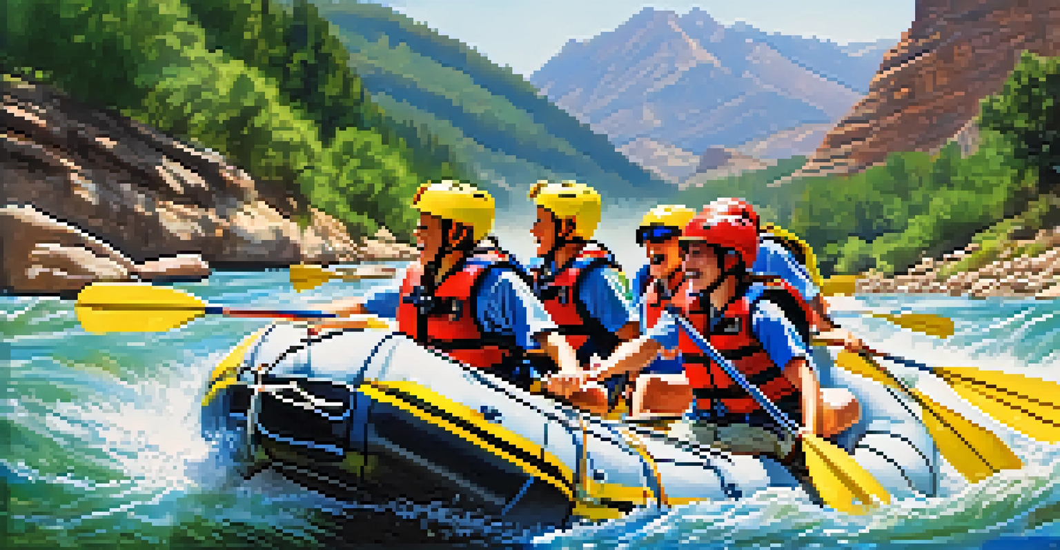 A group of people rafting on a lively river with rapids and greenery.