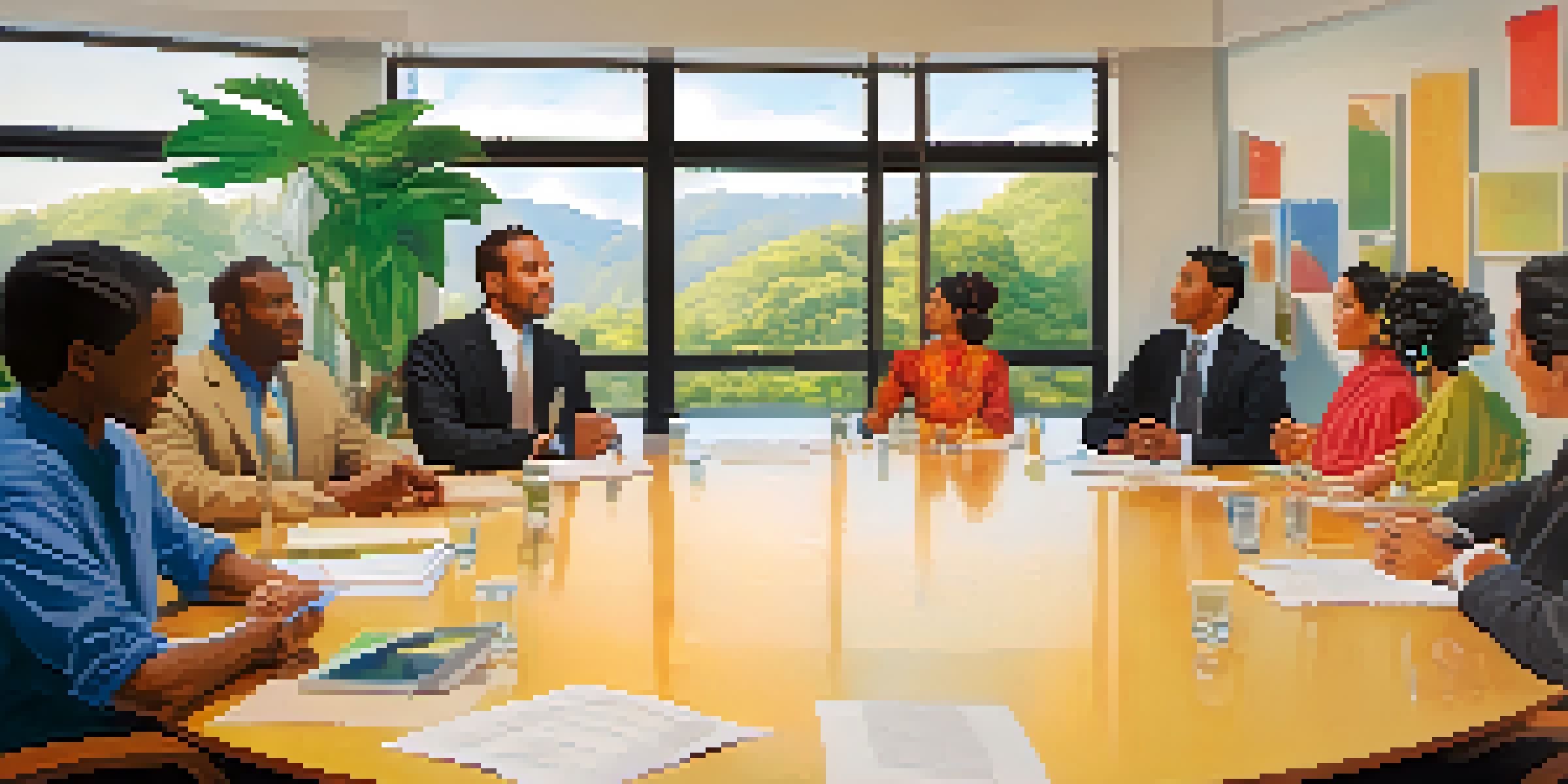 A multicultural meeting with individuals from different backgrounds discussing around a round table in a bright conference room.