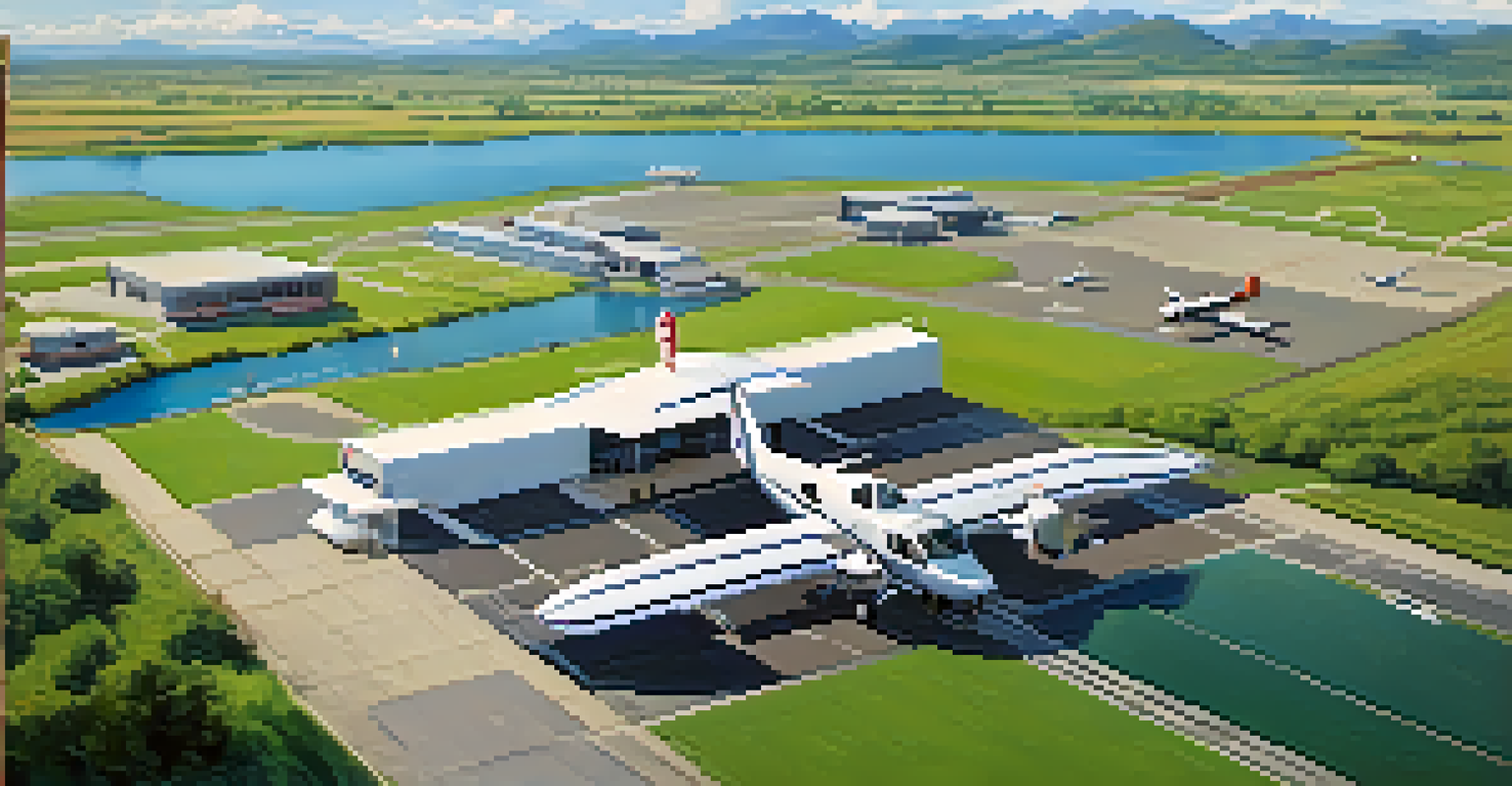 Aerial view of a small airport surrounded by nature with mountains and a river.