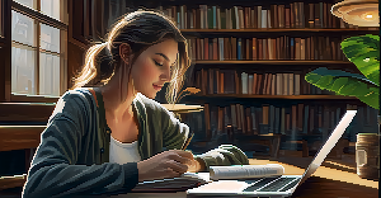 A young woman studying with a laptop in a cozy cafe, surrounded by books and a cup of coffee, in warm lighting.