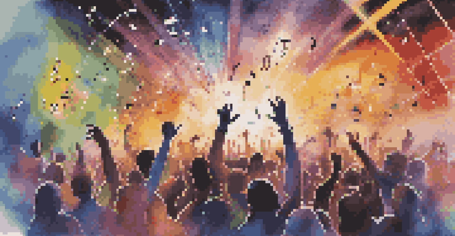 An abstract image combining musical elements and digital graphics to represent a virtual music festival.