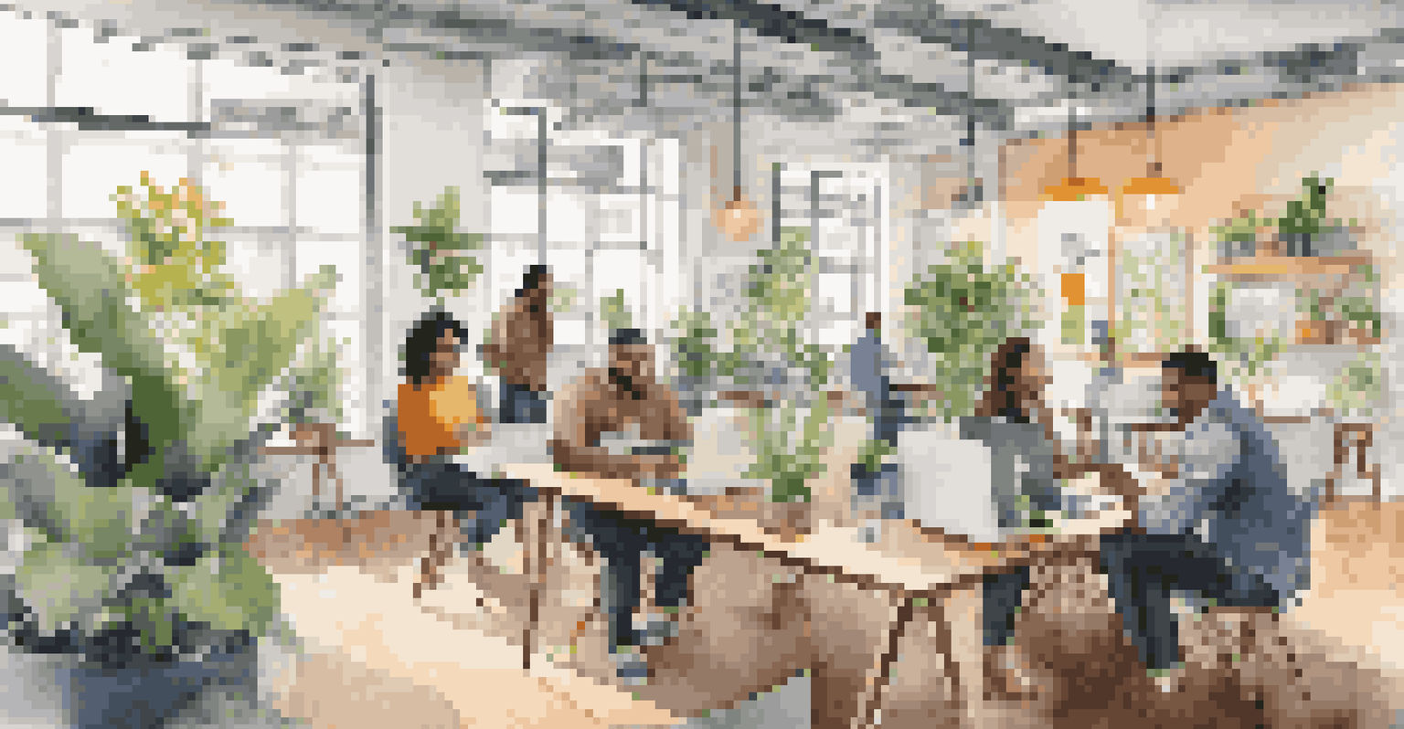 A lively co-working space with diverse people collaborating, bright natural light, and colorful decor.