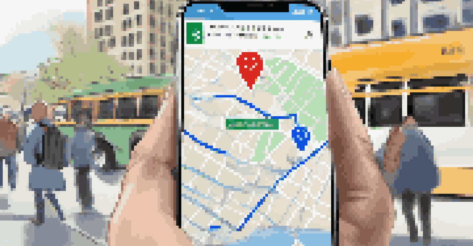 A smartphone screen showing an accessibility app with public transportation options, in front of a blurred bus station.