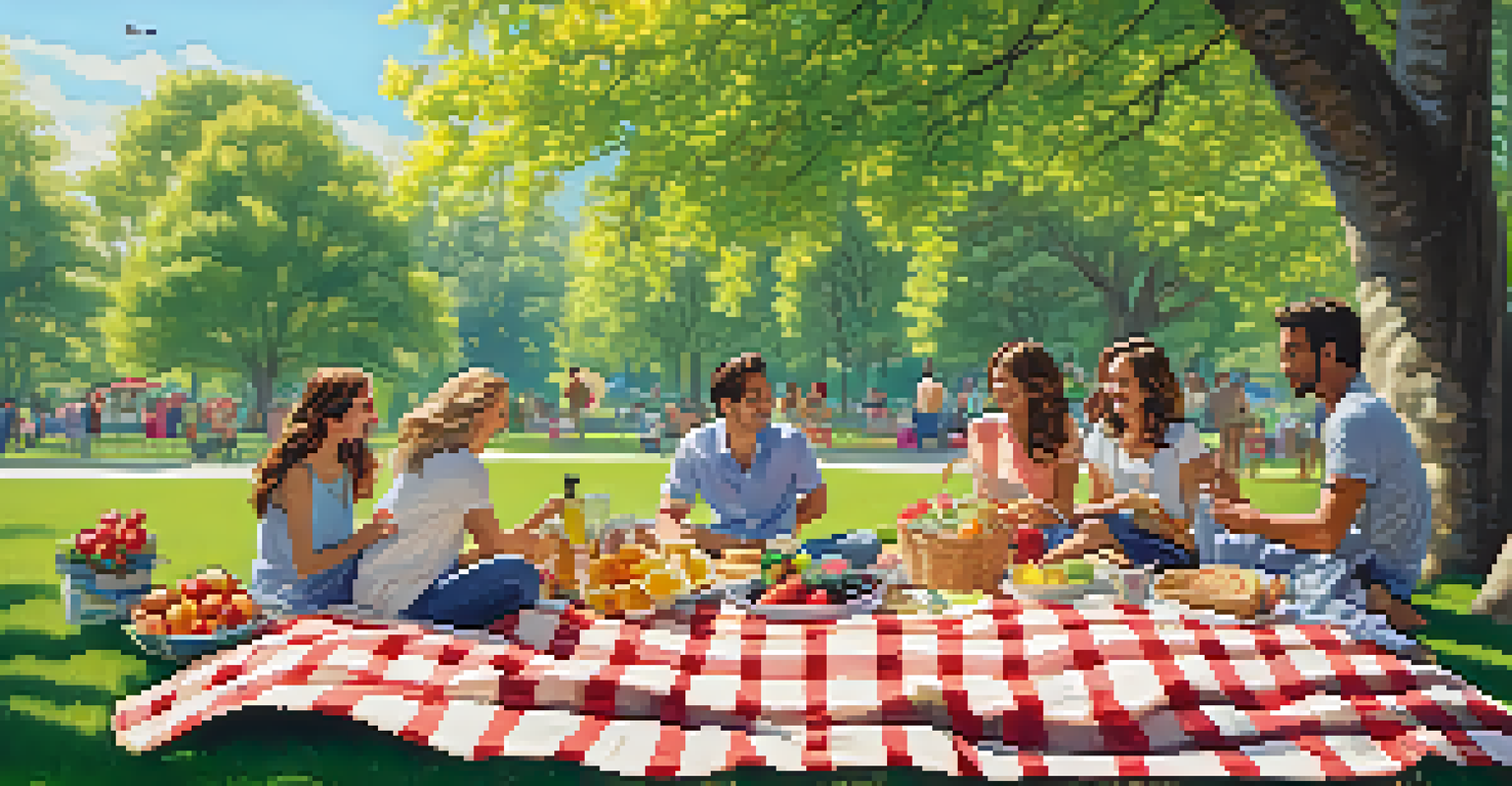 A diverse group of friends having a picnic on a checkered blanket in a colorful spring park.