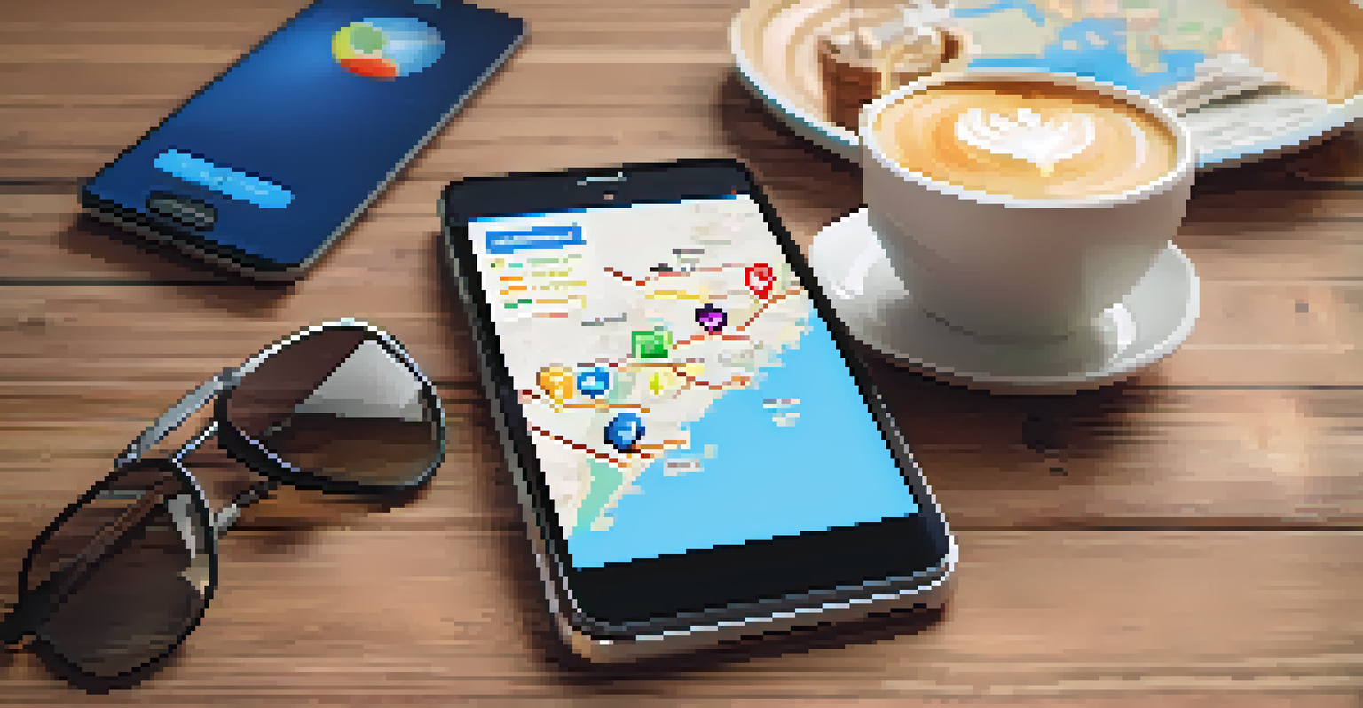 A smartphone on a wooden table shows a travel app, surrounded by travel essentials like a map and sunglasses in a cozy setting.