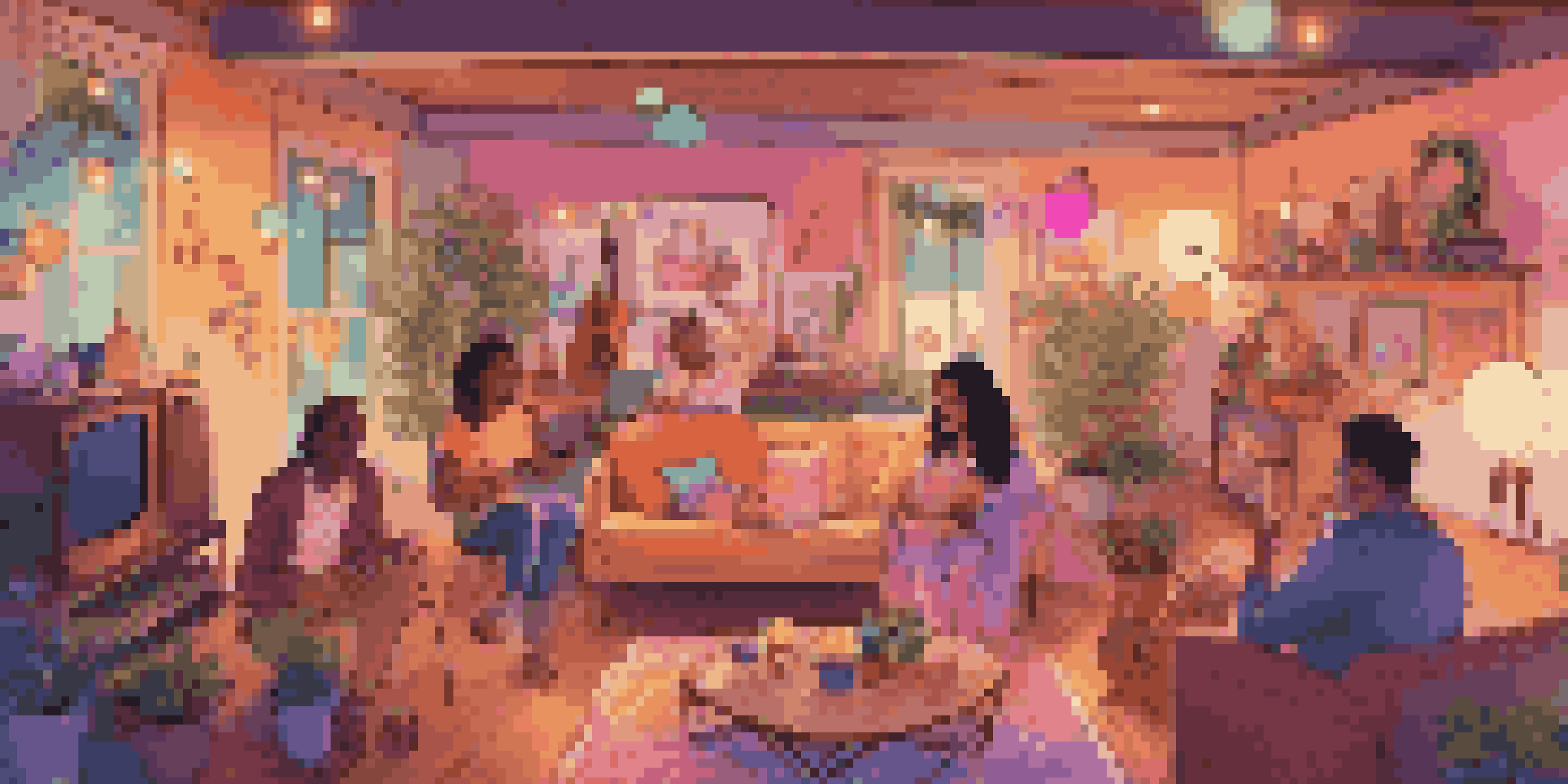 A lively scene of people enjoying a virtual music festival from their living room, with colorful decorations and warm lighting.