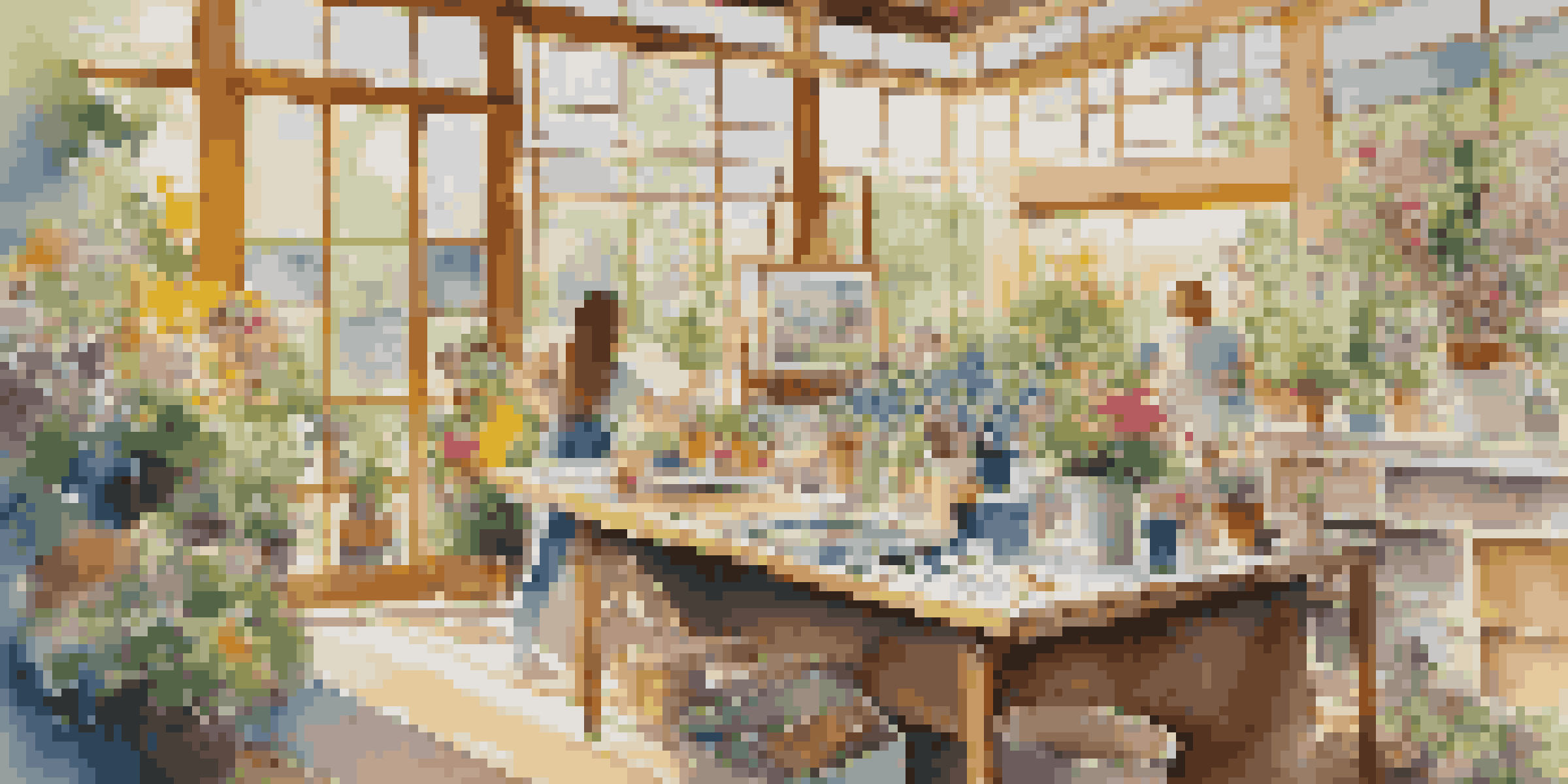 A bright art studio with vibrant canvases and art supplies, illuminated by natural light, surrounded by a lush garden.