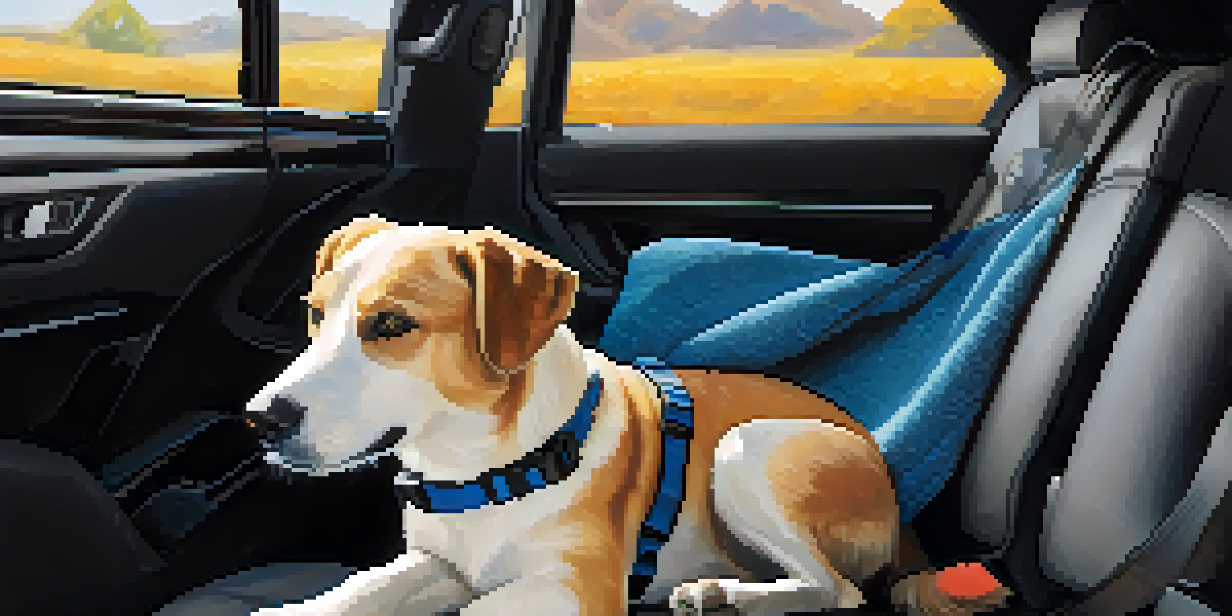 A happy dog lying on a colorful blanket in a car, with sunlight streaming in and a water bowl nearby.