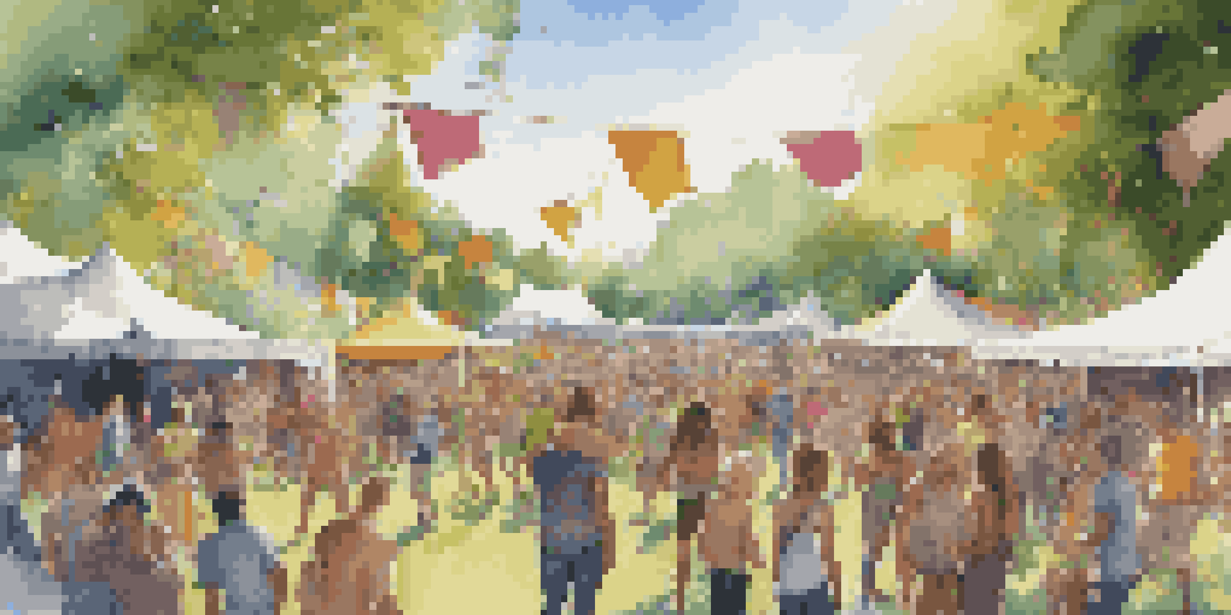 A lively outdoor music festival with colorful tents, diverse attendees enjoying music, and eco-friendly decorations. Sunlight filters through trees, creating a joyful atmosphere.