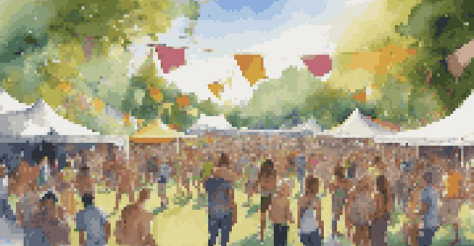 A lively outdoor music festival with colorful tents, diverse attendees enjoying music, and eco-friendly decorations. Sunlight filters through trees, creating a joyful atmosphere.