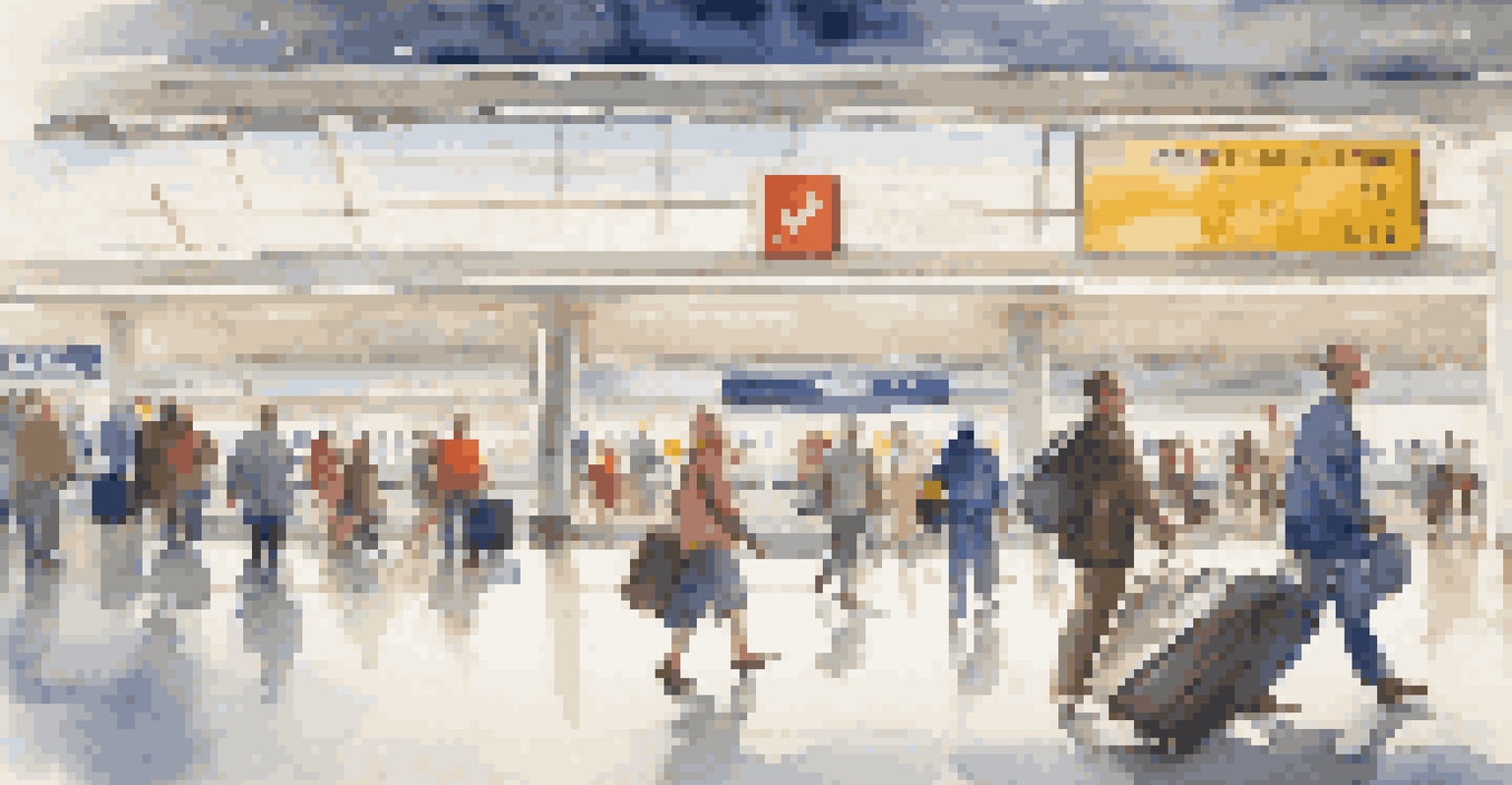 A happy traveler walking in an airport terminal with a carry-on bag, surrounded by other travelers.