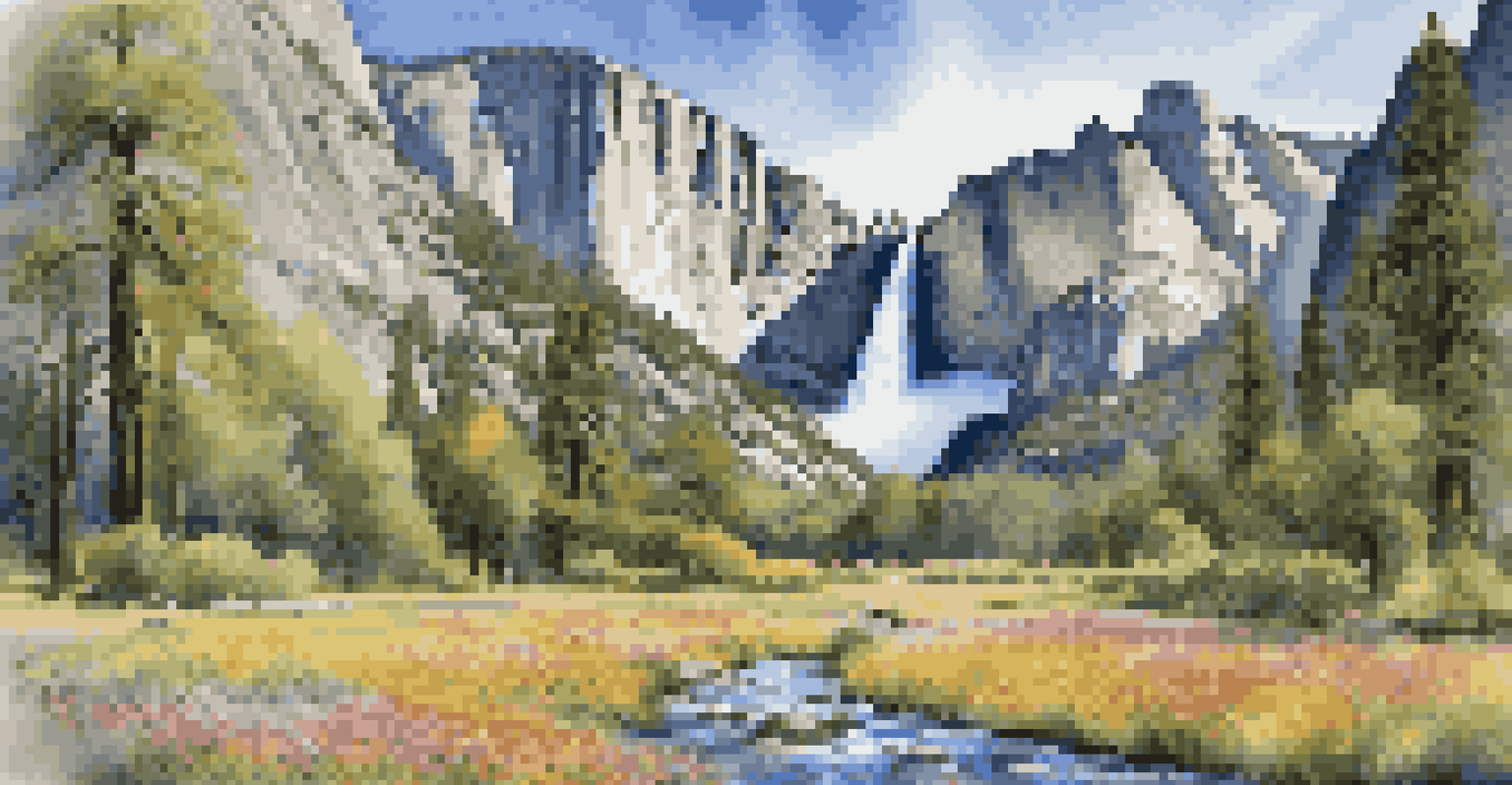 Yosemite Falls with blooming wildflowers in the foreground, showcasing the powerful water flow and granite cliffs.