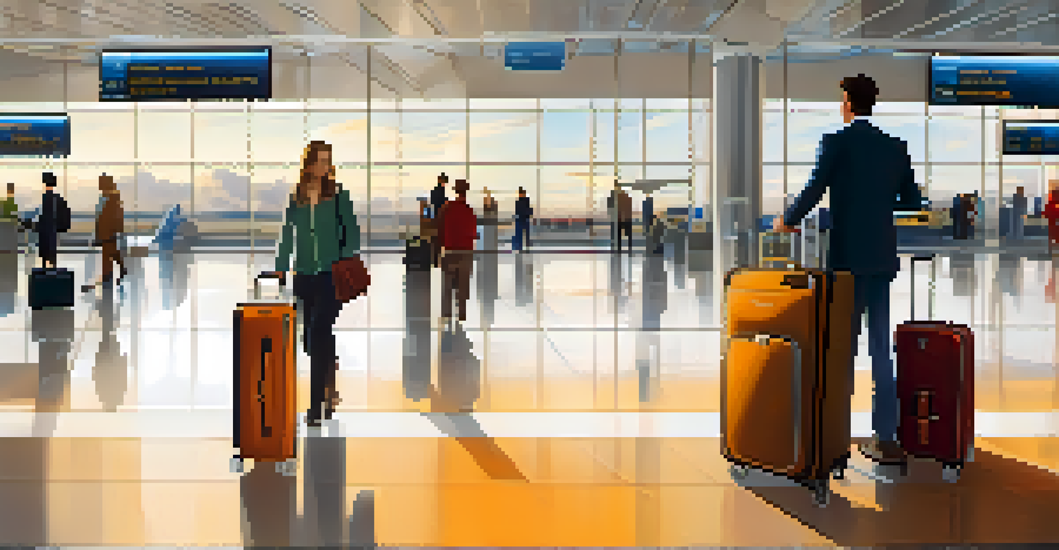 A modern smart luggage at an airport terminal, showcasing GPS tracking and charging ports, with travelers in the background.