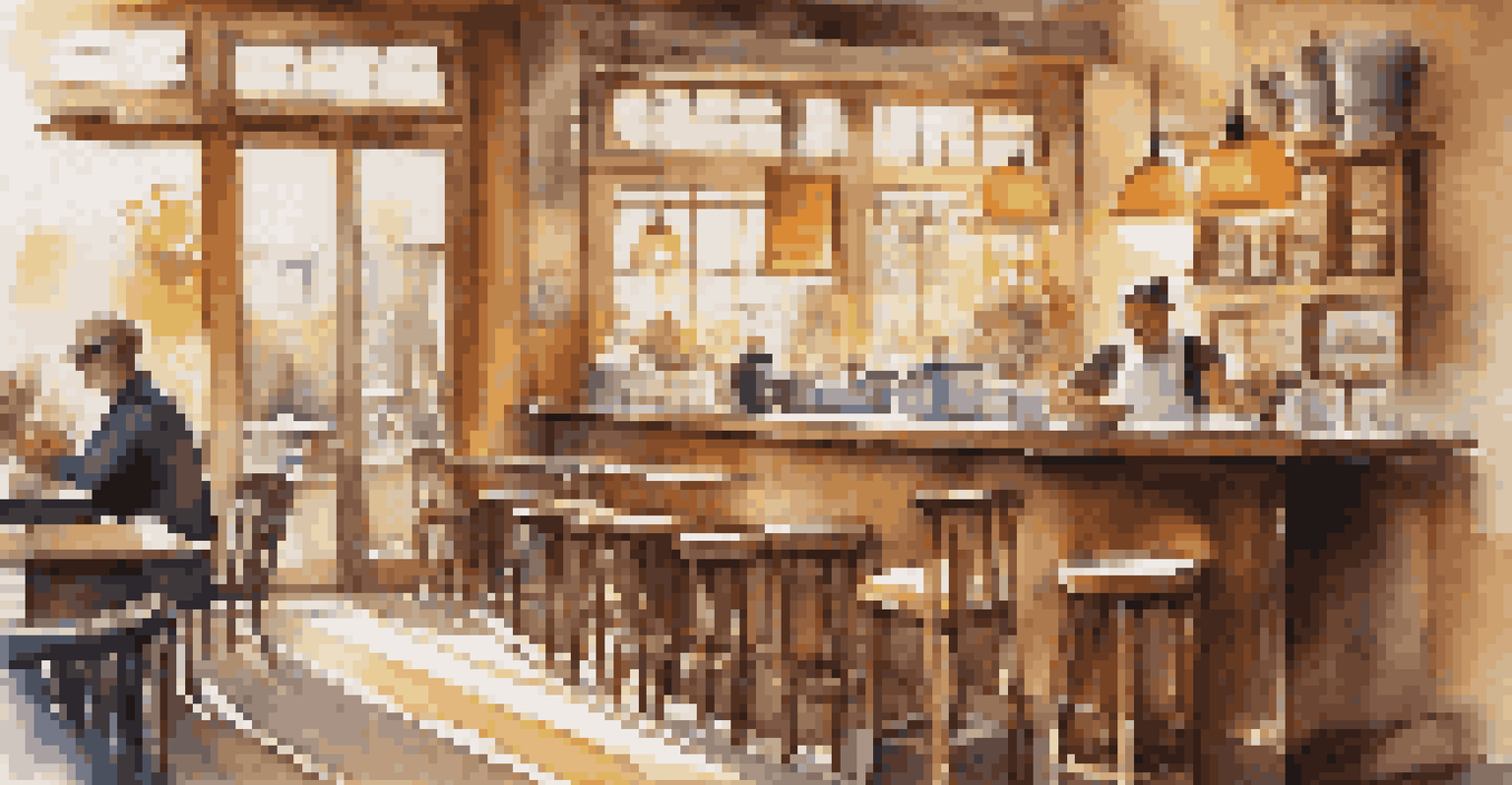 The interior of a cozy café with wooden furniture, a barista serving coffee and croissants, and sunlight illuminating the warm decor.