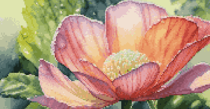 A close-up view of a flower petal with dew drops, showcasing vibrant colors and soft morning light in a botanical garden.