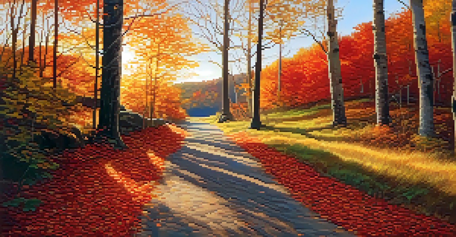 A beautiful autumn scene in New England with a forest path surrounded by colorful fall foliage illuminated by the setting sun.