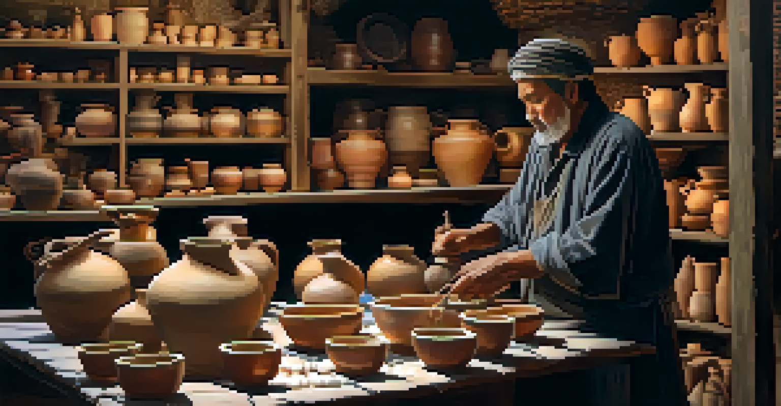 An artisan showcasing pottery-making in a local market, surrounded by handcrafted ceramic pieces and engaged onlookers.