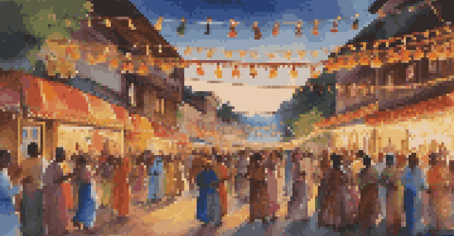 Travelers enjoying a local festival, interacting with community members in traditional attire, surrounded by colorful decorations and performances.