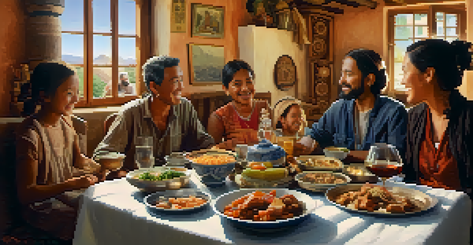 A traveler enjoying a meal with a local family, surrounded by traditional food and a warm, inviting atmosphere.