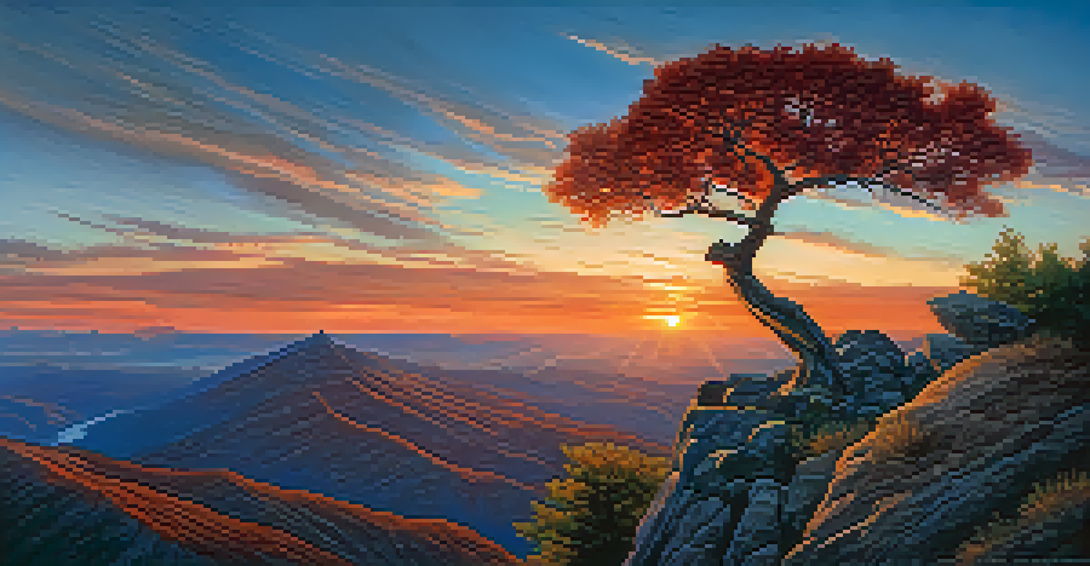 A mountain peak at sunset with a colorful sky and a lone tree in the foreground, overlooking a valley.