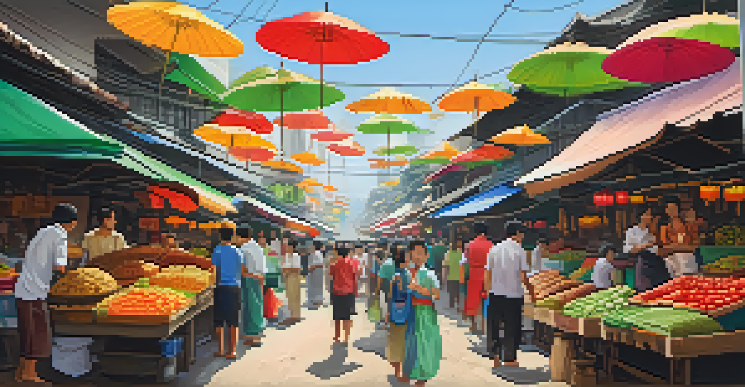 A lively street market in Thailand with colorful food stalls, vibrant fruits, and people interacting under colorful umbrellas and lanterns.