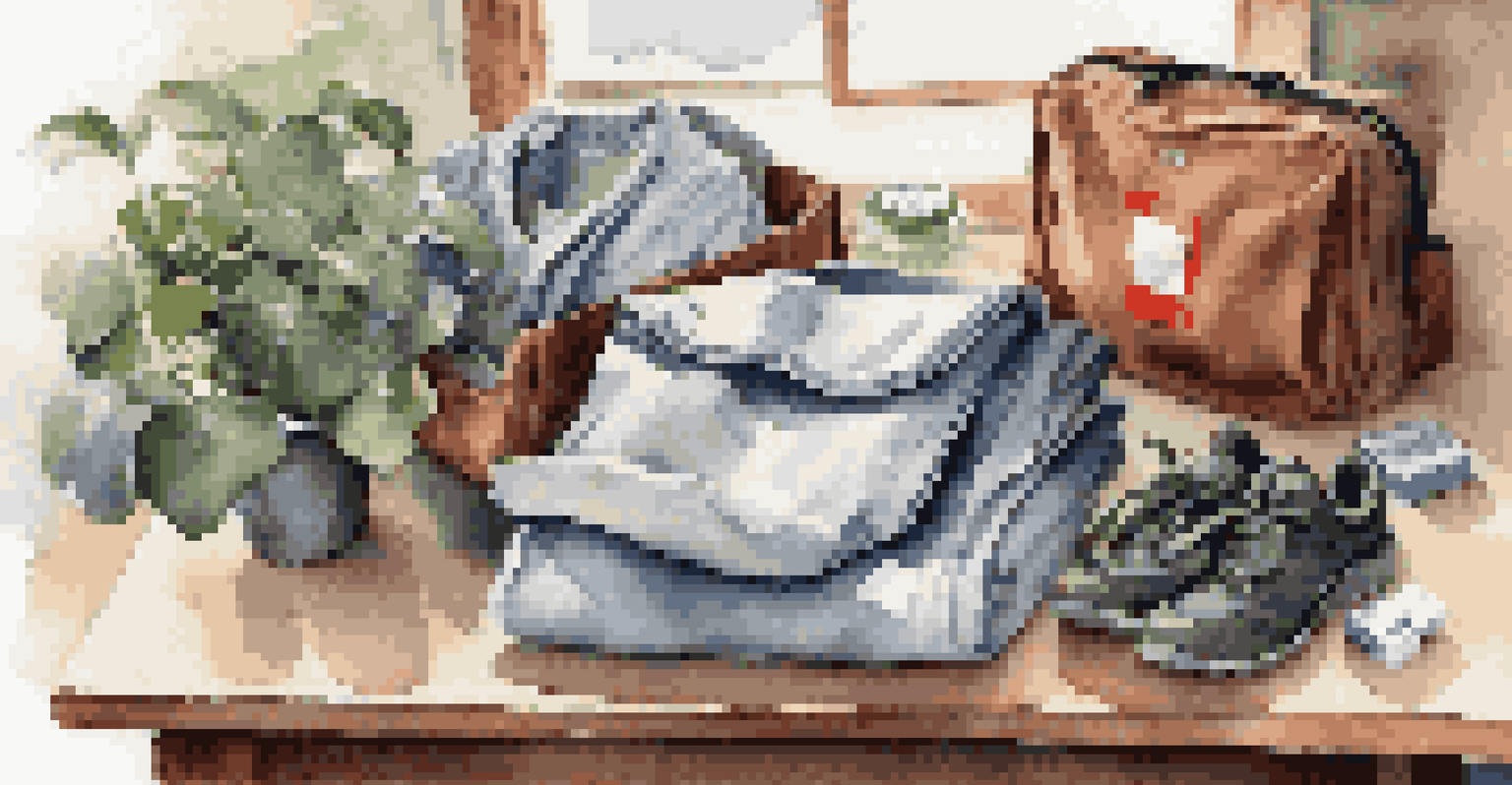 A packing cube filled with travel essentials like clothing and a first-aid kit, arranged on a rustic wooden table with natural light.