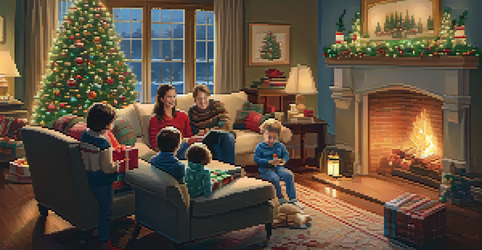 A family joyfully gathered around a decorated Christmas tree in a warm and inviting room, with a fireplace glowing in the background.