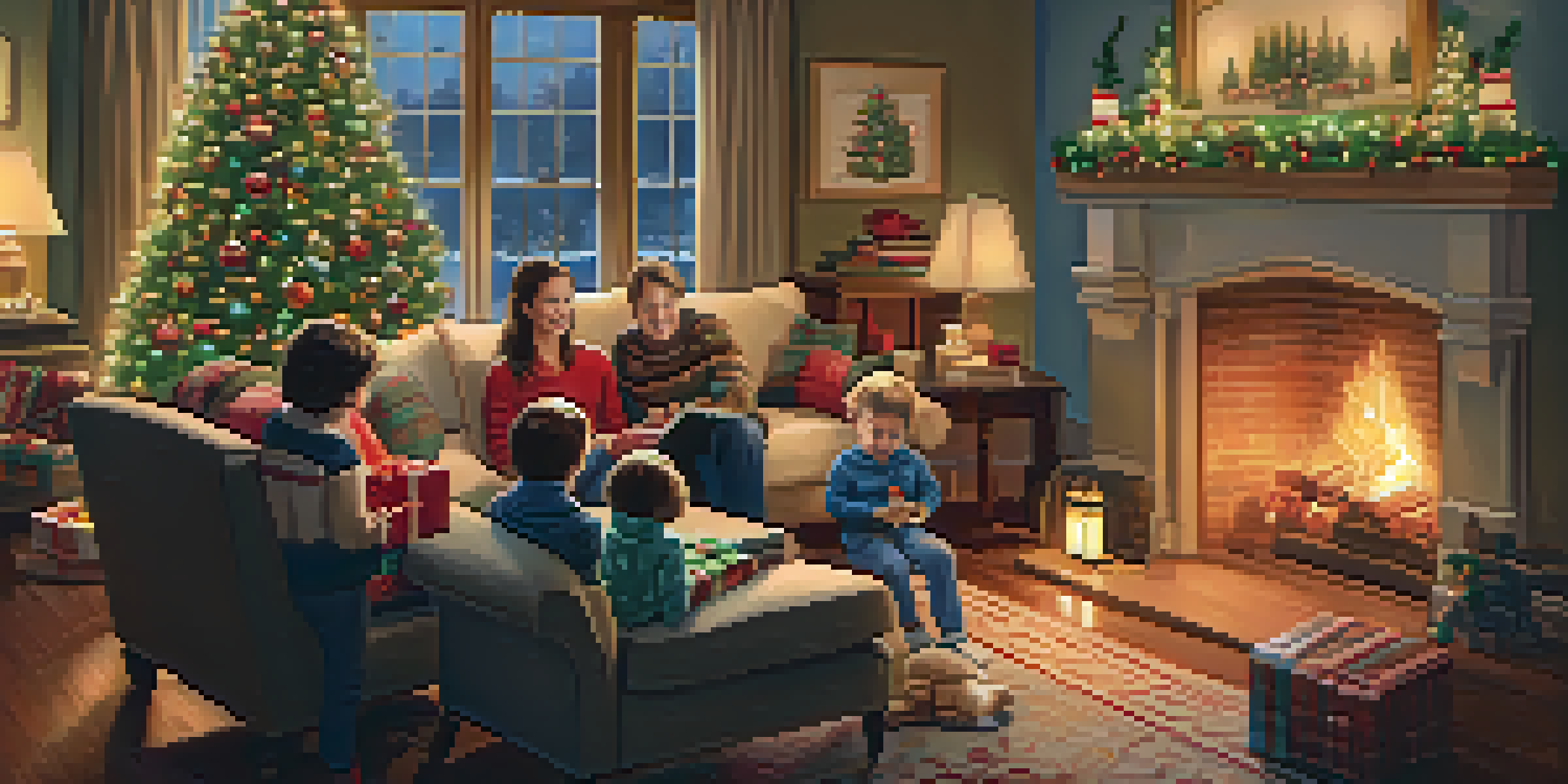A family joyfully gathered around a decorated Christmas tree in a warm and inviting room, with a fireplace glowing in the background.