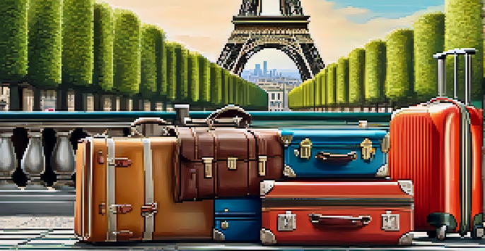 A collection of different types of luggage in front of famous European landmarks, showcasing their features and vibrant colors.