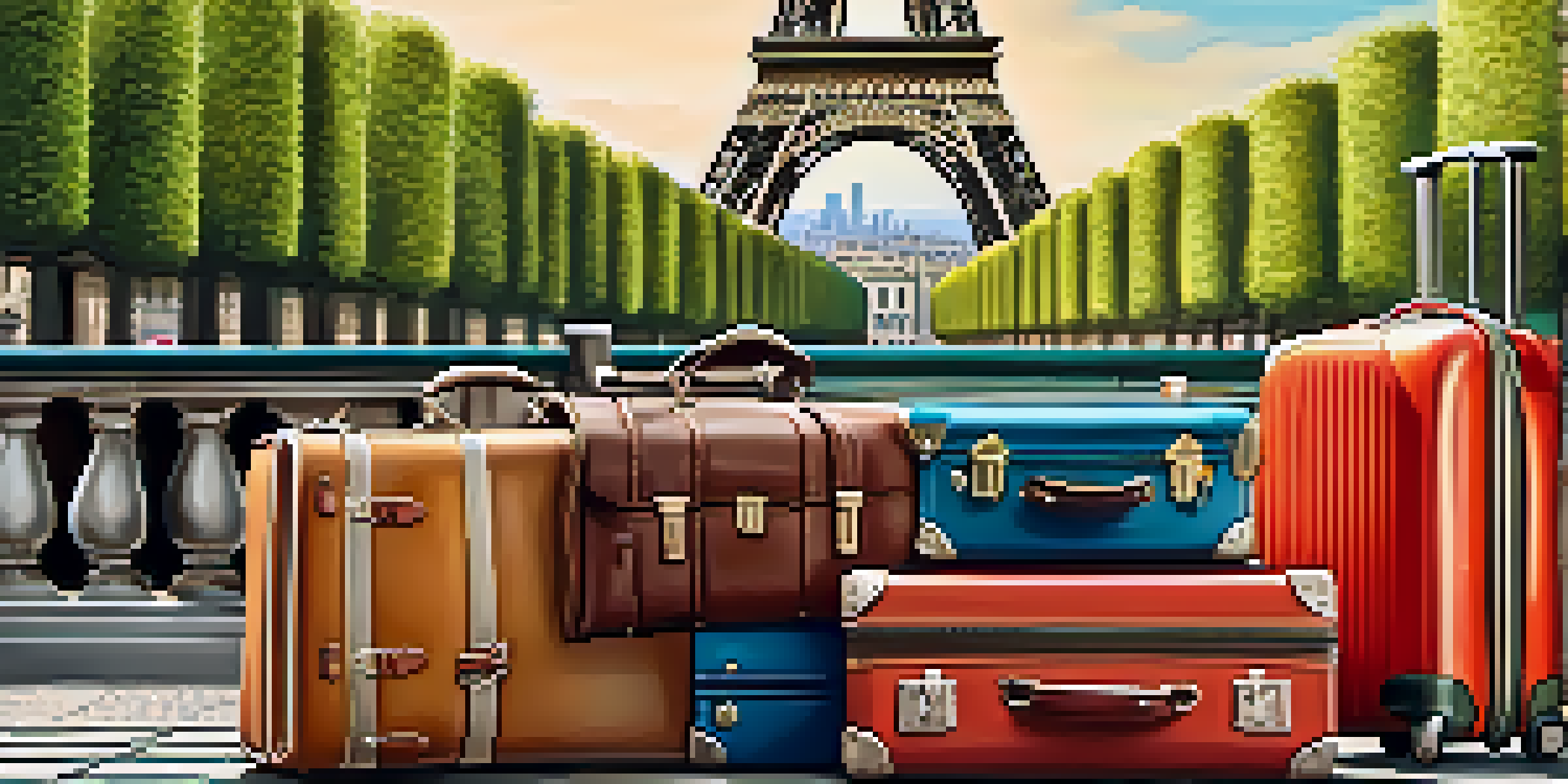 A collection of different types of luggage in front of famous European landmarks, showcasing their features and vibrant colors.