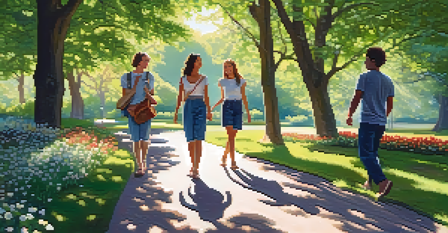 A group of friends walking through a lush park with greenery and flowers, enjoying a sunny day together.