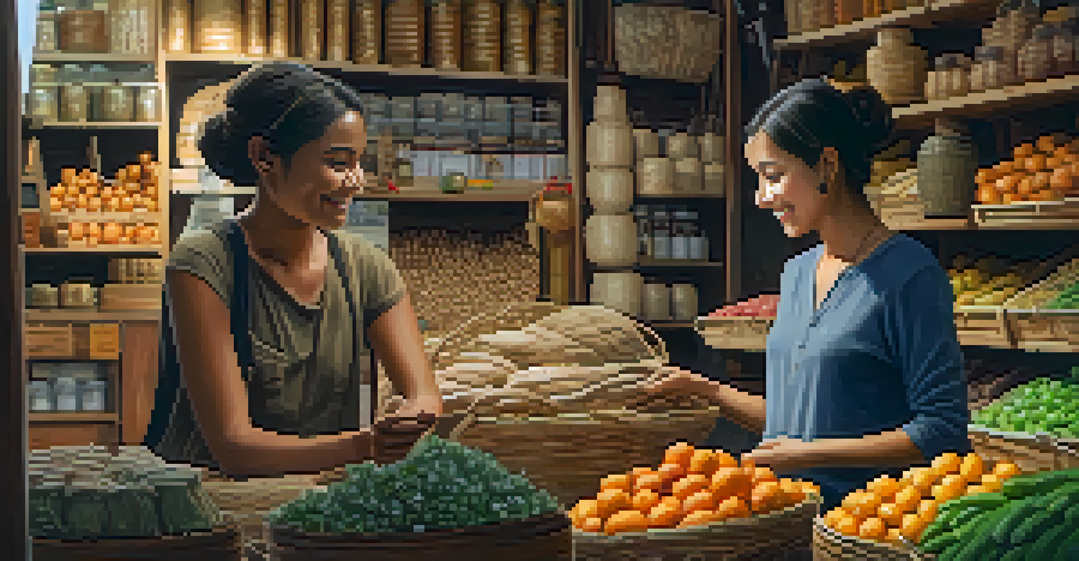 A student learning a language from a friendly shopkeeper in a market filled with crafts and local goods.