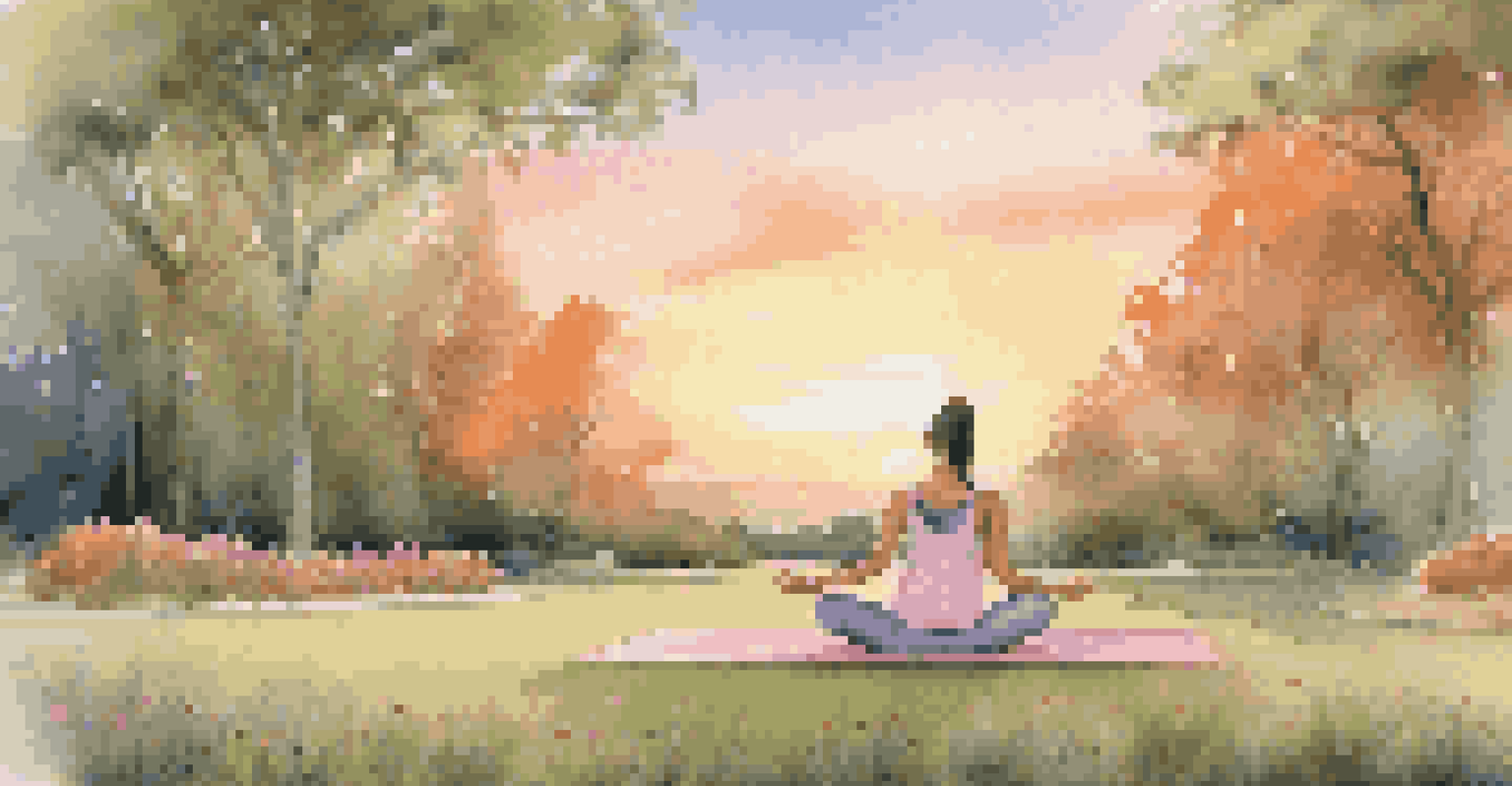 A person doing yoga at sunset outdoors on a yoga mat surrounded by nature.
