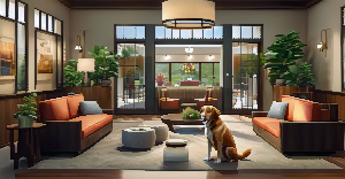 A welcoming hotel lobby designed for pets, showcasing a dog bed and treats as a friendly staff greets a dog.