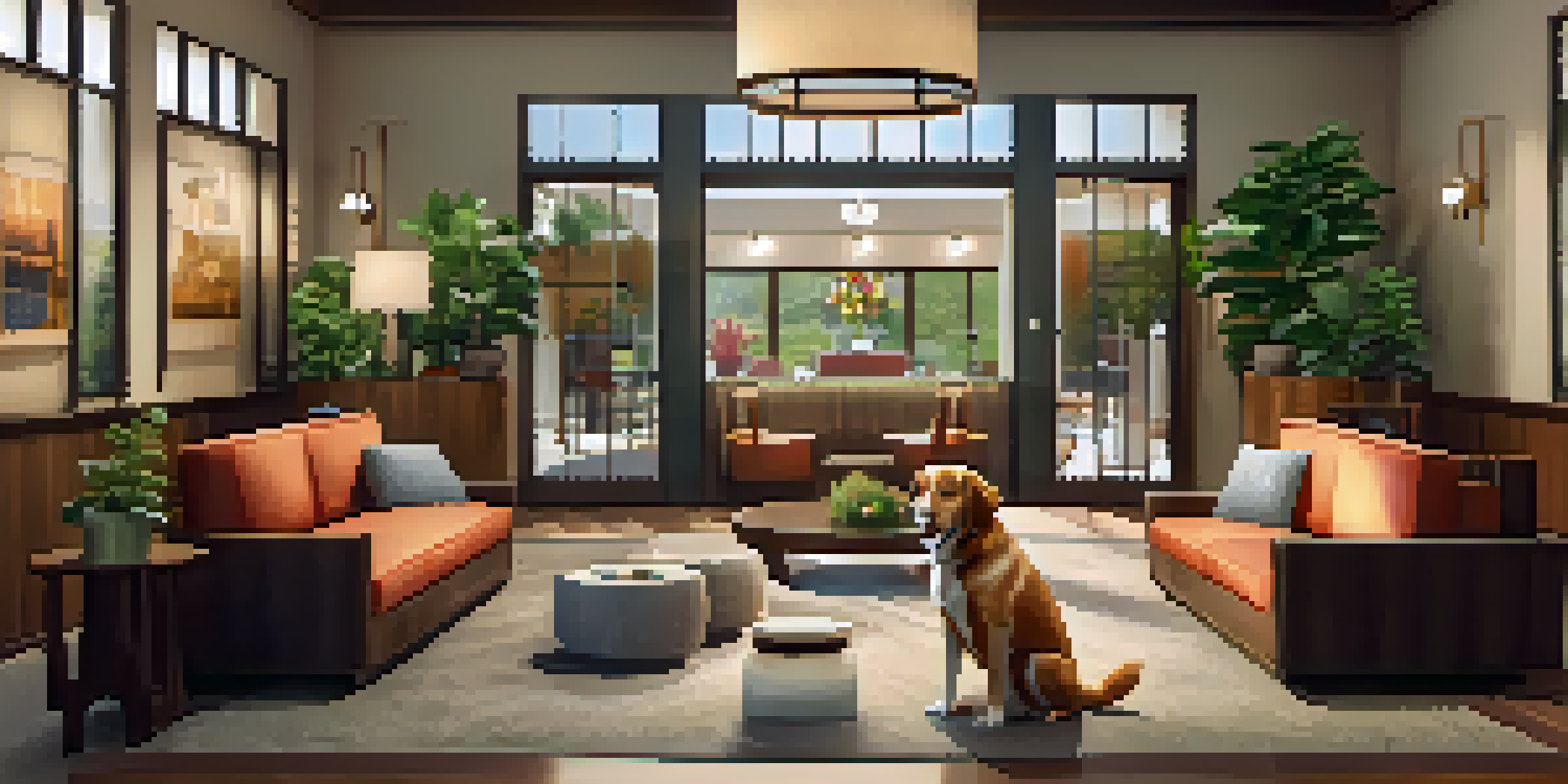 A welcoming hotel lobby designed for pets, showcasing a dog bed and treats as a friendly staff greets a dog.