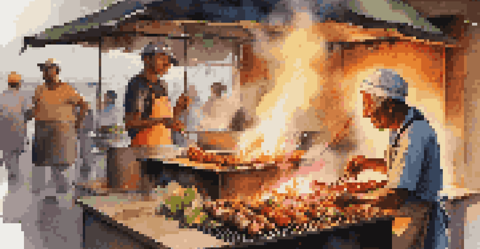 A street food vendor grilling skewers over an open flame, with a bustling market atmosphere in the background.