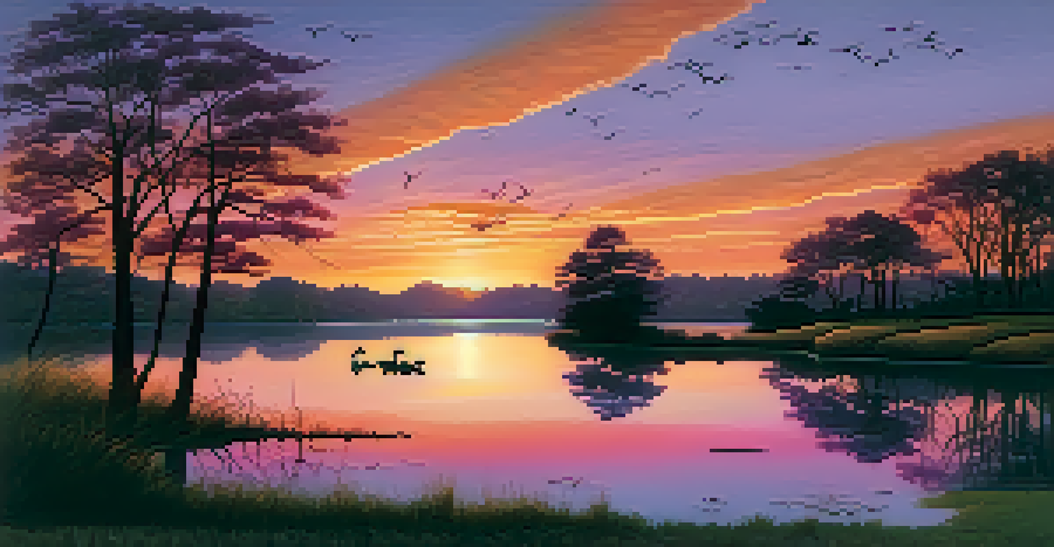 A tranquil sunset over a calm lake with a winding road leading to the water's edge, framed by silhouetted trees and ducks on the lake's surface.