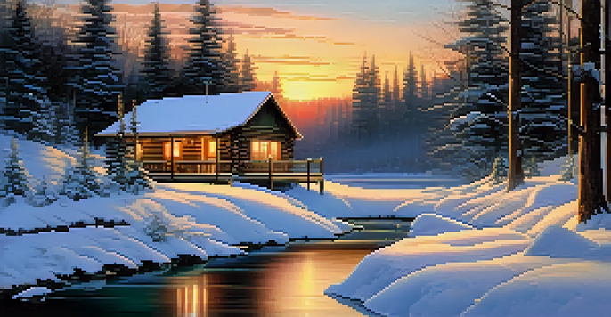 A cozy cabin in a snowy winter landscape with a warm glow from the windows and a reflective stream in the foreground.