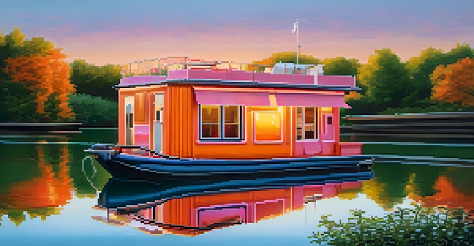 A houseboat at sunset on a calm lake with colorful reflections and green trees in the background.