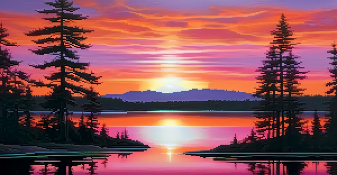 A stunning sunset over a calm lake with colorful reflections in the water and silhouetted trees in the foreground.