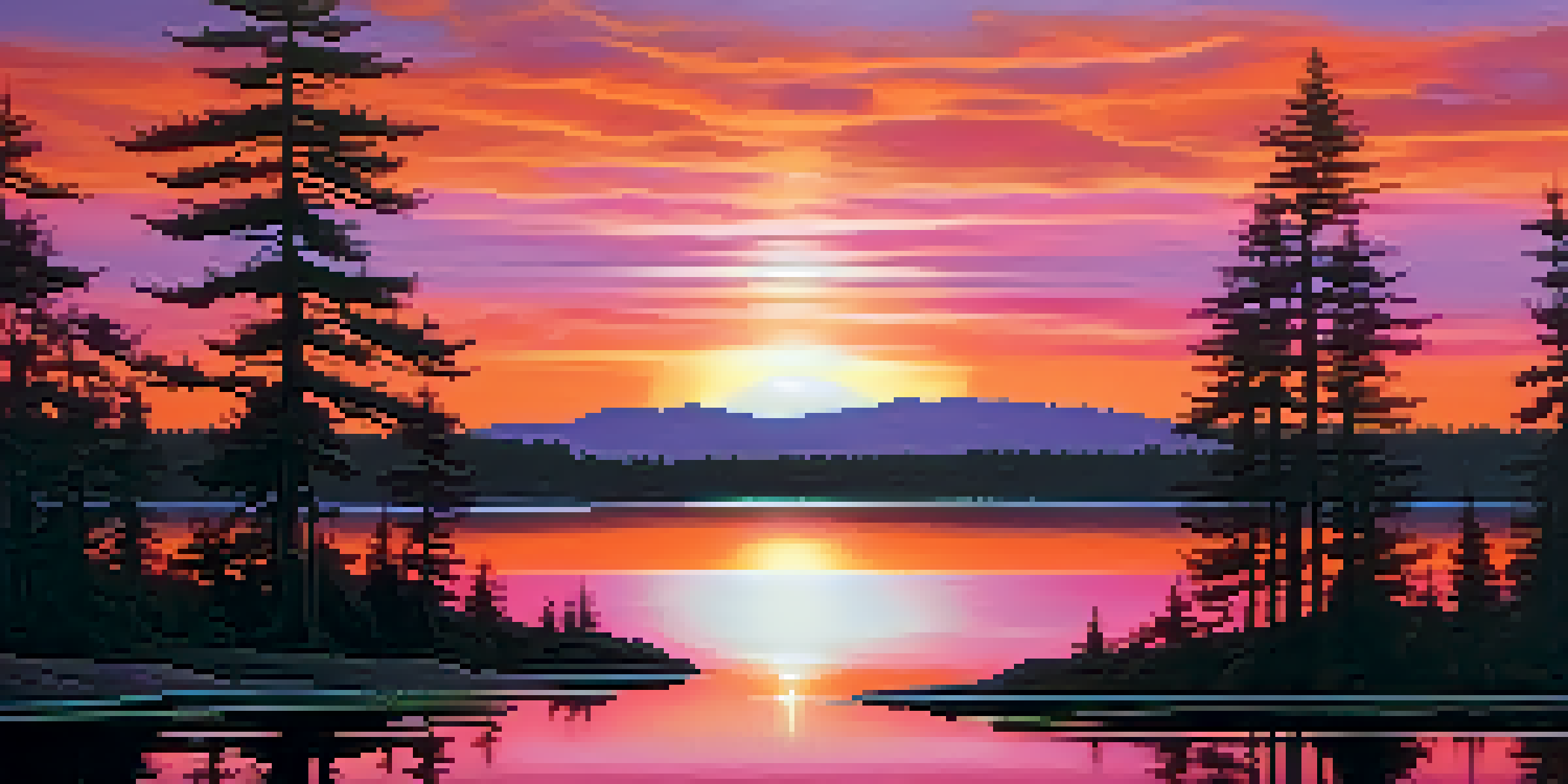 A stunning sunset over a calm lake with colorful reflections in the water and silhouetted trees in the foreground.