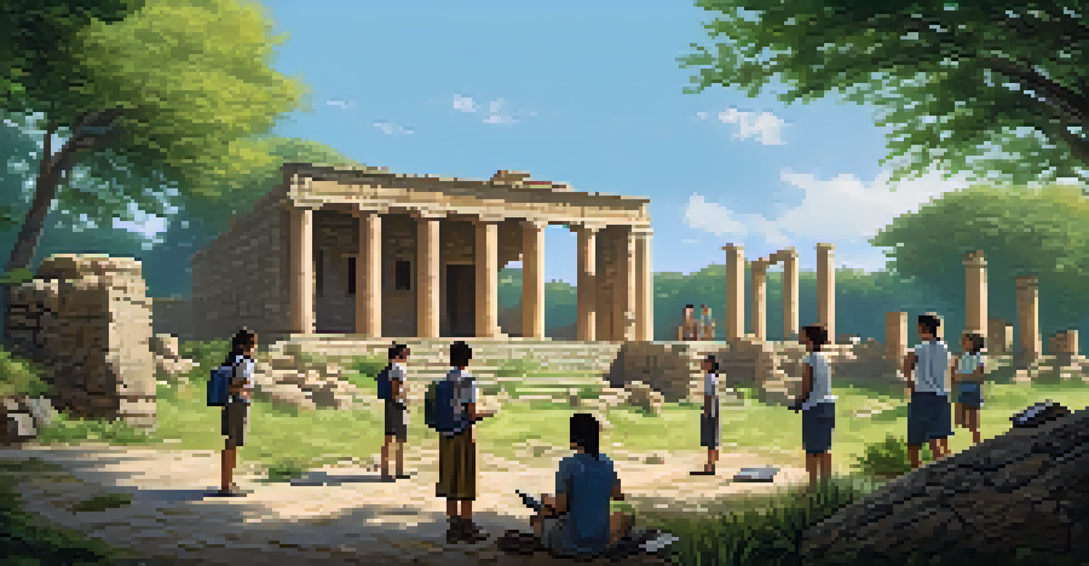 A teacher and students exploring ancient ruins in a beautiful outdoor setting.
