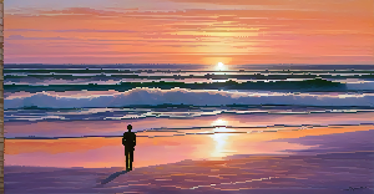 A peaceful ocean sunset with colorful skies and a silhouette of a person standing by the shore.