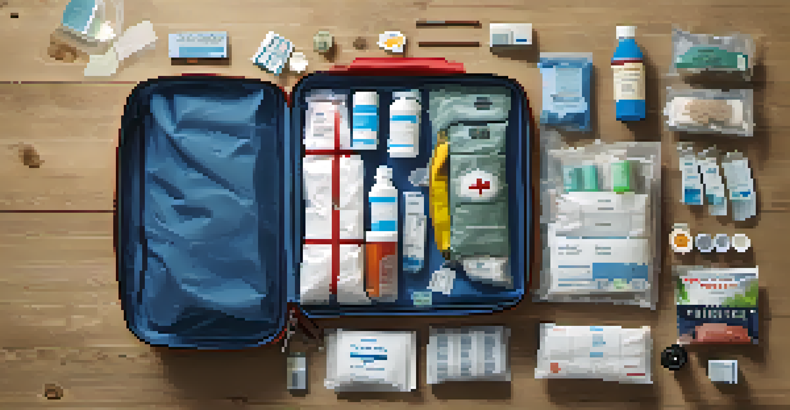 An aerial view of a well-organized travel health kit inside a waterproof bag, with labeled pouches and travel accessories around.