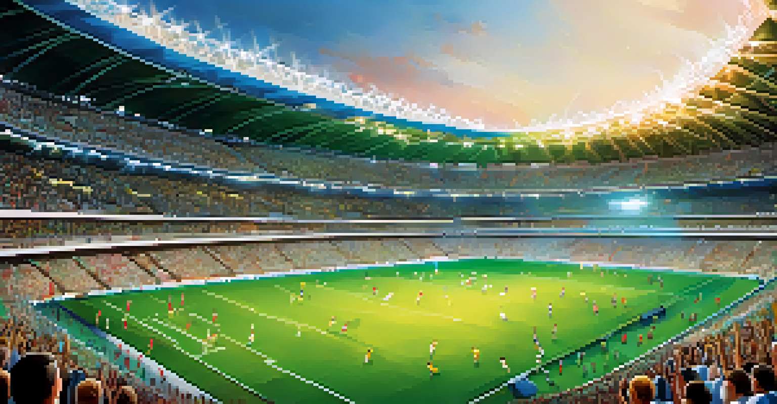 A crowded stadium filled with cheering fans during a World Cup match, with players on the vibrant green field and bright lights illuminating the scene.