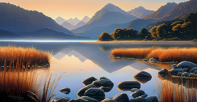A peaceful lake at sunset with mountains in the background, framed by stones and reeds in the foreground.