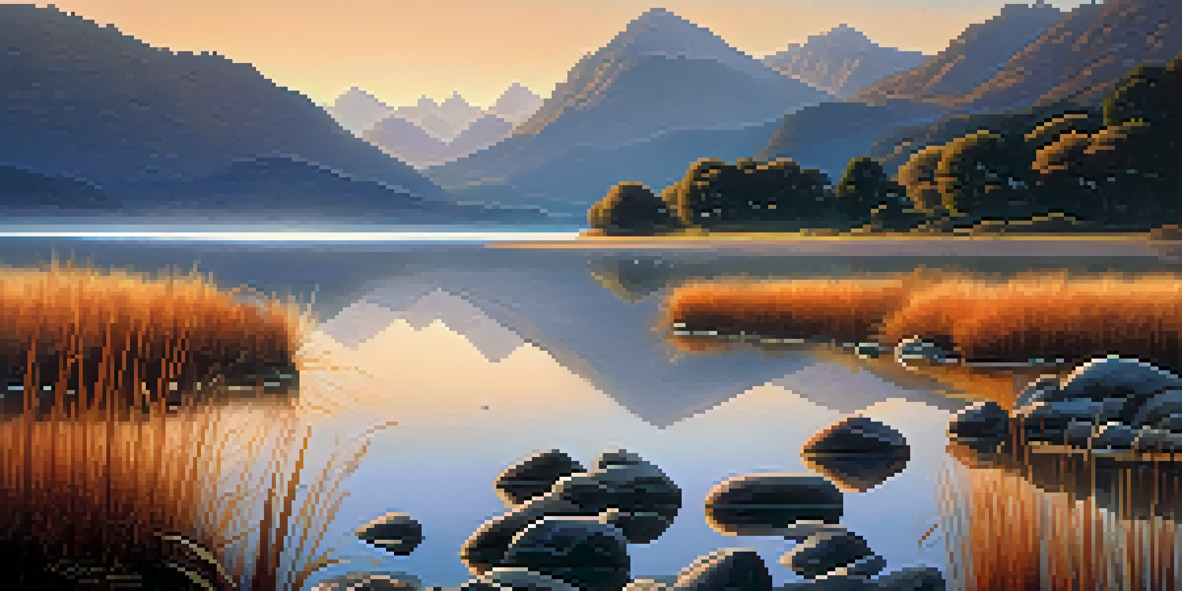 A peaceful lake at sunset with mountains in the background, framed by stones and reeds in the foreground.