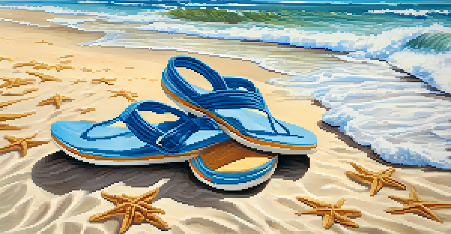 Versatile sandals and sneakers on a sandy beach with ocean waves in the background, showcasing a bright summer day.